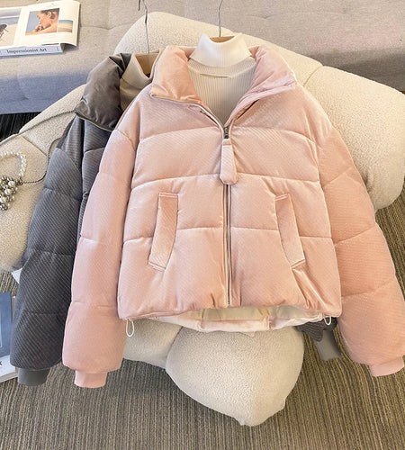 Korean Women Solid Long Sleeves Parkas Autumn Winter Warm Short Down Cotton Jacket Stand Collar Zipper Coat New Fashion Clothing