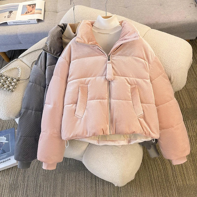 Korean Women Solid Long Sleeves Parkas Autumn Winter Warm Short Down Cotton Jacket Stand Collar Zipper Coat New Fashion Clothing
