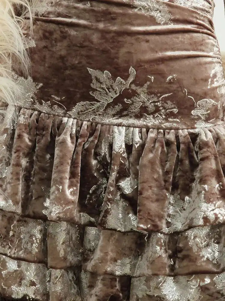 Women Apricot Silver Velvet Elegant Ruffles Mini Dress New Round Neck Sleeveless Fashion Tide Spring Autumn 20251DH8264