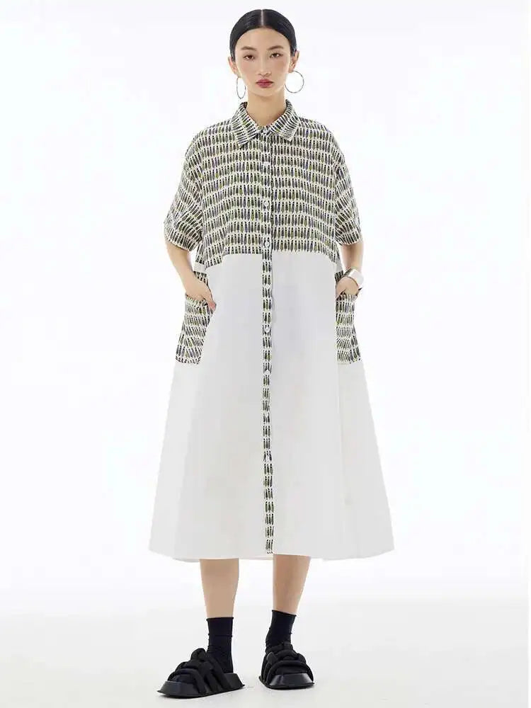 Women Black Printed Color-block Big Size Shirt Dress New Laple Short Sleeve Fashion Tide Spring Summer 2025 1DH6081
