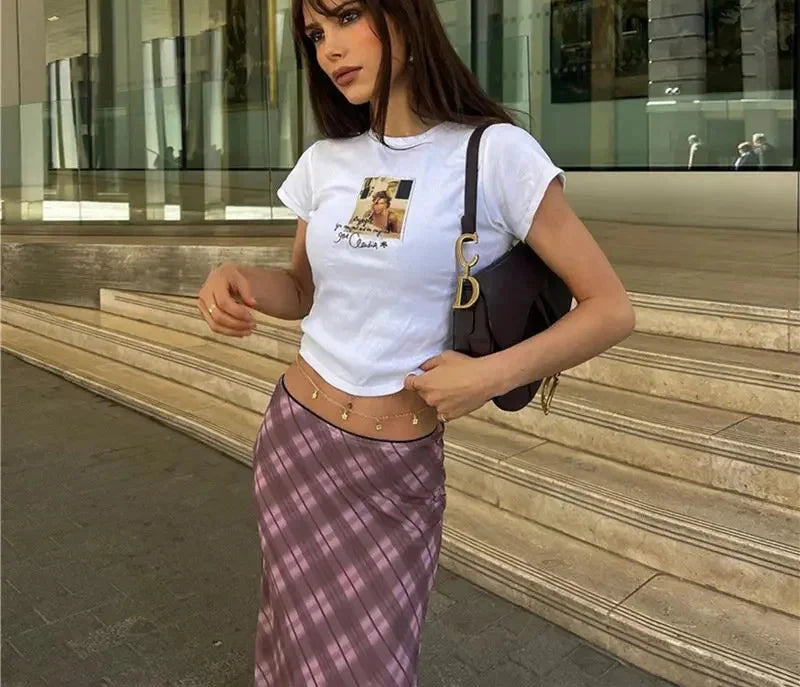 Y2k 2000s Pink Plaid Print Long Skirt Vintage Clothes 2023 Summer Womens Maxi Skirts Casual Bottoms P94-CZ22