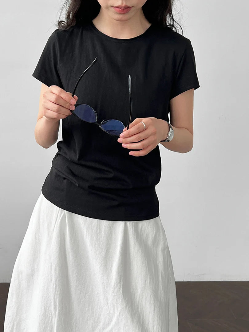 Women White Gray Waist Bandage Brief Elegant T-shirt New Round Neck Short Sleeve Fashion Tide Spring Summer 2025  1DJ1897