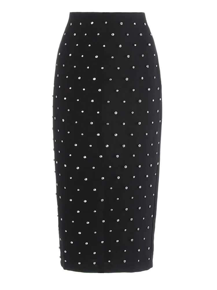 High Waist Black Rhinestones Shining Elegant Long Half-body Skirt Women Fashion Tide New Spring Autumn 2025 1DJ1269
