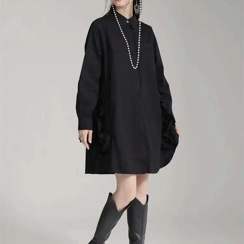 Load image into Gallery viewer, Women White Black Side Flower Big Size Long Blouse New Lapel Long Sleeve Shirt Fashion Tide Spring Autumn 2025 1DH4780
