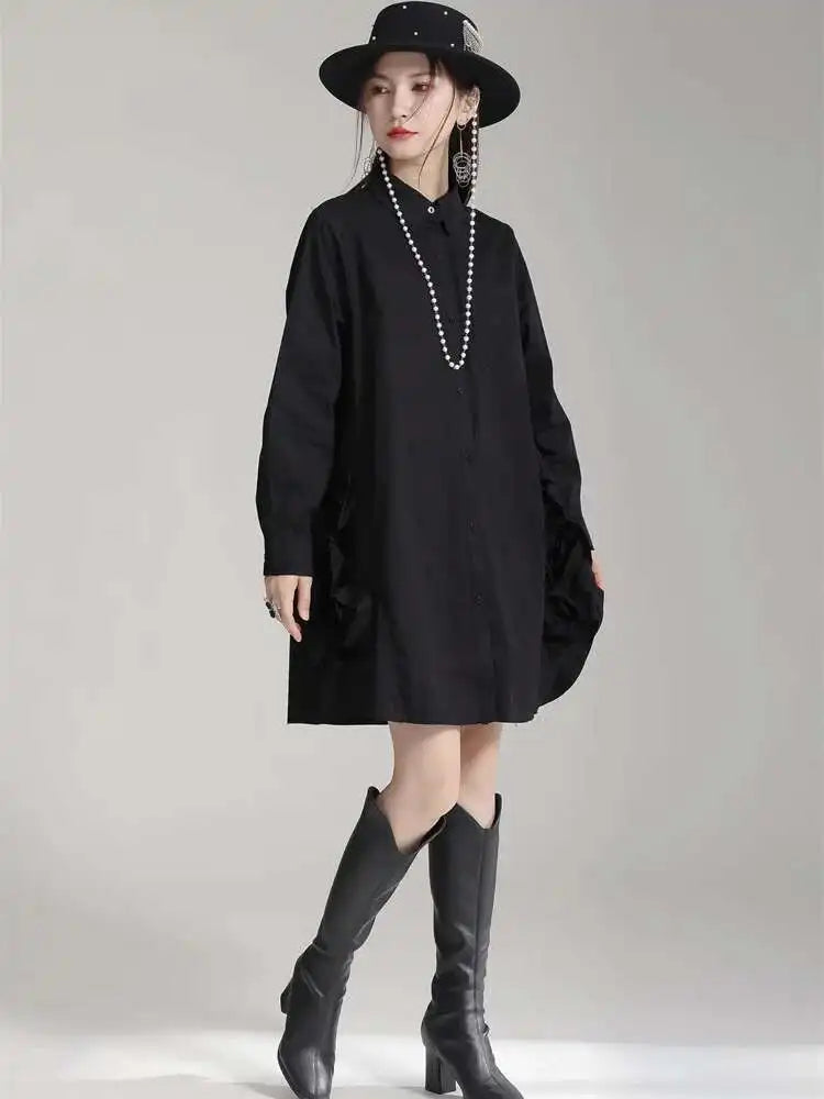 Women White Black Side Flower Big Size Long Blouse New Lapel Long Sleeve Shirt Fashion Tide Spring Autumn 2025 1DH4780