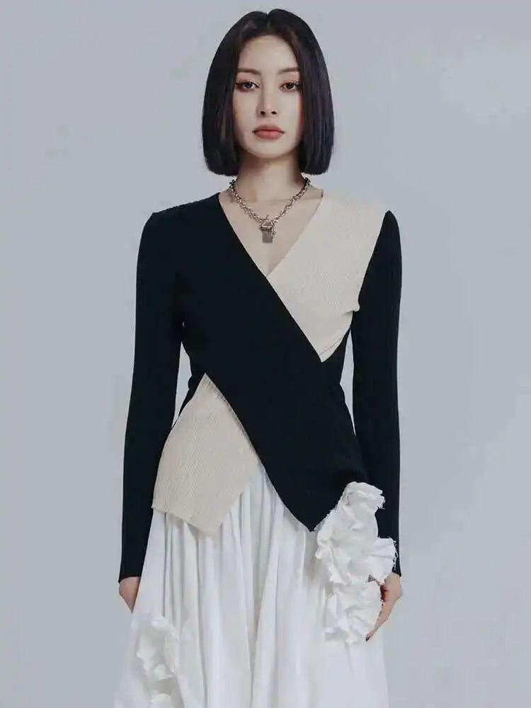 Irregular Color-block Knitting Sweater Fit V-Neck Long Sleeve Women Pullovers New Fashion Tide Autumn Winter 2025 1DE6584