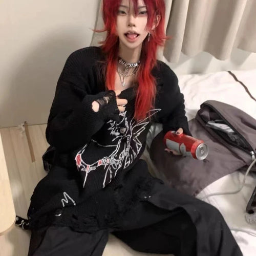 Load image into Gallery viewer, Autumn Gothic Black Hole Sweater Women Cartoon Embroidery Y2k Aesthetic Grunge Pullover Casual Loose Streetwear Oversized Jumper
