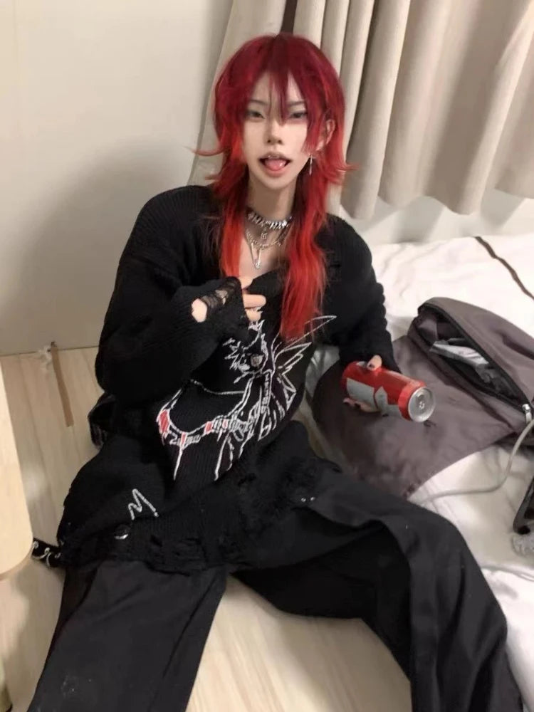 Autumn Gothic Black Hole Sweater Women Cartoon Embroidery Y2k Aesthetic Grunge Pullover Casual Loose Streetwear Oversized Jumper