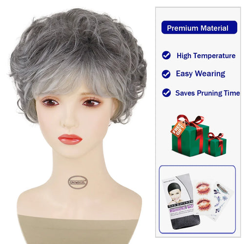 Load image into Gallery viewer, Synthetic Hair Short Gray Curly Wigs for White Women Sliver Grey Pixie Cut Wig with Bangs Wavy Fluffy Old Lady Costume
