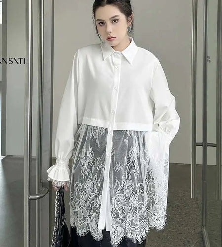 Women White Lace Perspective Big Size Long Blouse New Lapel Long Sleeve Shirt Fashion Tide Spring Autumn 2025 1DH9131