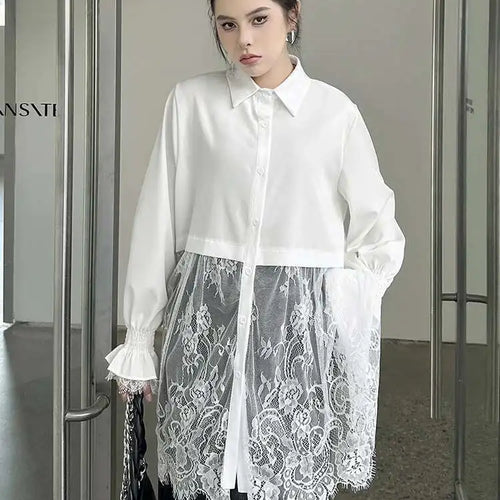 Load image into Gallery viewer, Women White Lace Perspective Big Size Long Blouse New Lapel Long Sleeve Shirt Fashion Tide Spring Autumn 2025 1DH9131
