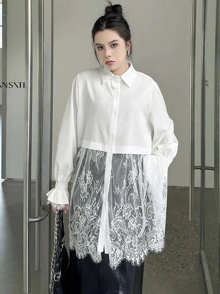 Women White Lace Perspective Big Size Long Blouse New Lapel Long Sleeve Shirt Fashion Tide Spring Autumn 2025 1DH9131