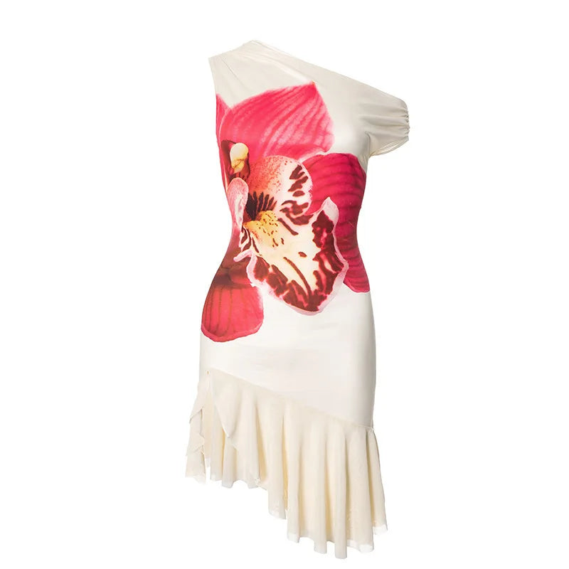 Skew Collar Ruffled Print Sexy Mini Dress For Women Off-shoulder Sleeveless Backless High Waist Printed Dress Vestido