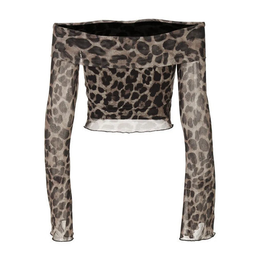 Load image into Gallery viewer, Leopard Print Long Sleeve T-shirt Women Off-shoulder Backless Crop Tops Female Fashion Printed Strapless Tees Tops
