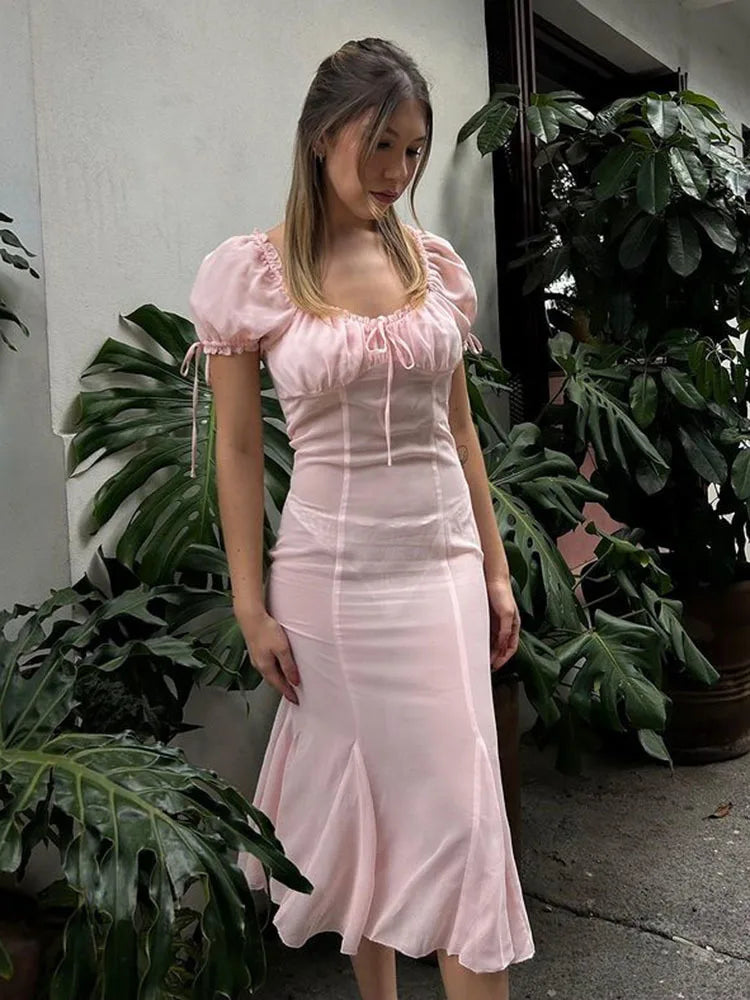 Sexy Sheer Backless Dress Women Short Sleeve Slim Fit Elegant Midi Dress Female Bodycon Temperament Party Club Beach