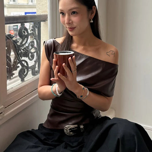 Load image into Gallery viewer, Faux Leather t-Shirt Women One Shoulder Irregular Hem Folds High Street Fashion Hottie Daily Simple Music Festival Tops

