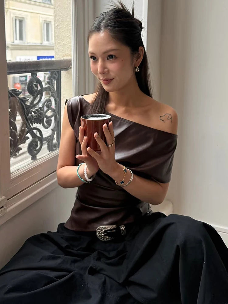 Faux Leather t-Shirt Women One Shoulder Irregular Hem Folds High Street Fashion Hottie Daily Simple Music Festival Tops