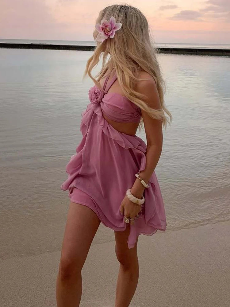 Rose Halter Backless Sexy Mini Dress Women Pink Off-shoulder Strapless Sleeveless High Waist Club Party Beach Dress