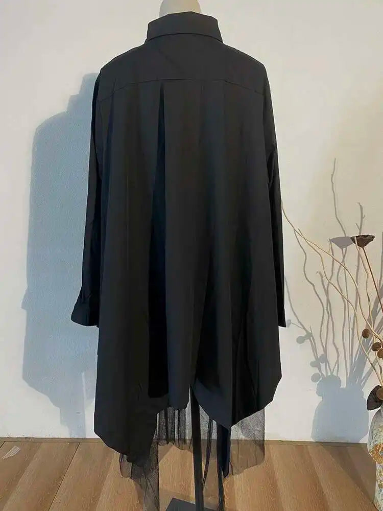 Women Black Irregular Hem Big Size Shirt Dress New Lapel Long Sleeve Loose Fit Fashion Tide Spring Autumn 2025 1DE2485