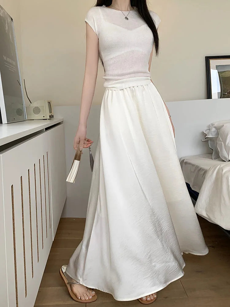 Korean Casual Women's Black White Elegant Simple Pleated A-line Skirt Spring Summer Fashion Slim High Waist Long Skirts Popular