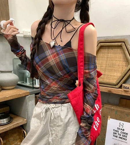 y2k Tops Women Grunge Fairycore Clothing Plaid Print Off Shoulder Long Sleeve Mesh T Shirts 2000s Clothes Streetwear