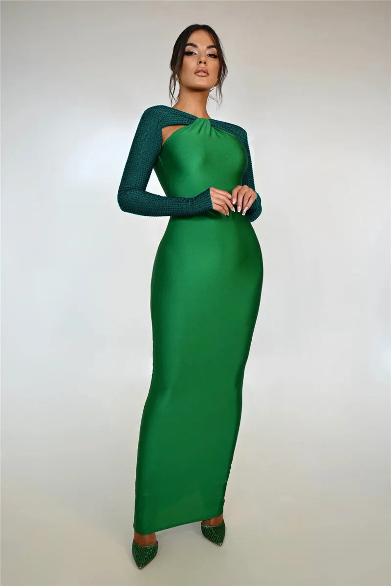 Hollow Out Sparkle Long Sleeve Maxi Dress For Women Glitter Vestidos Robe New Bodycon Shiny Night Club Party Long Dress