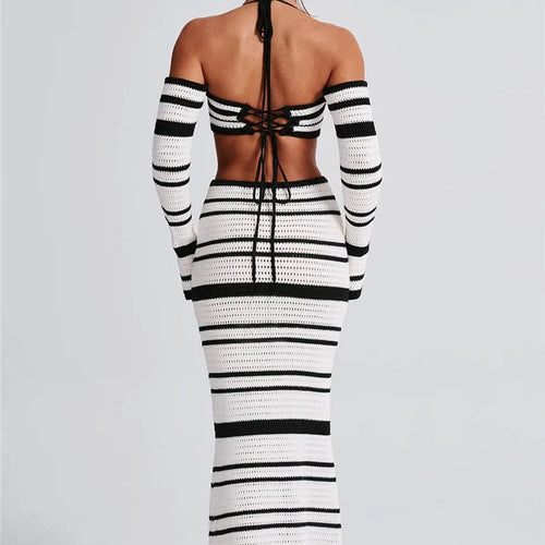 Load image into Gallery viewer, Striped Knit Skirt Two Piece Sets Women Strapless Long Sleeve Crop Tops And Maxi Skirt Sexy Two Piece Sets Knitwear
