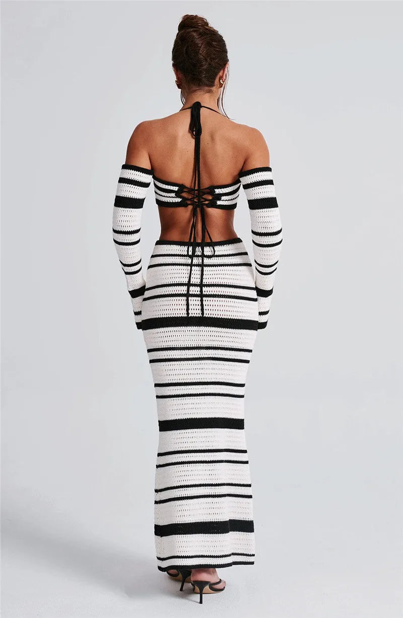 Striped Knit Skirt Two Piece Sets Women Strapless Long Sleeve Crop Tops And Maxi Skirt Sexy Two Piece Sets Knitwear