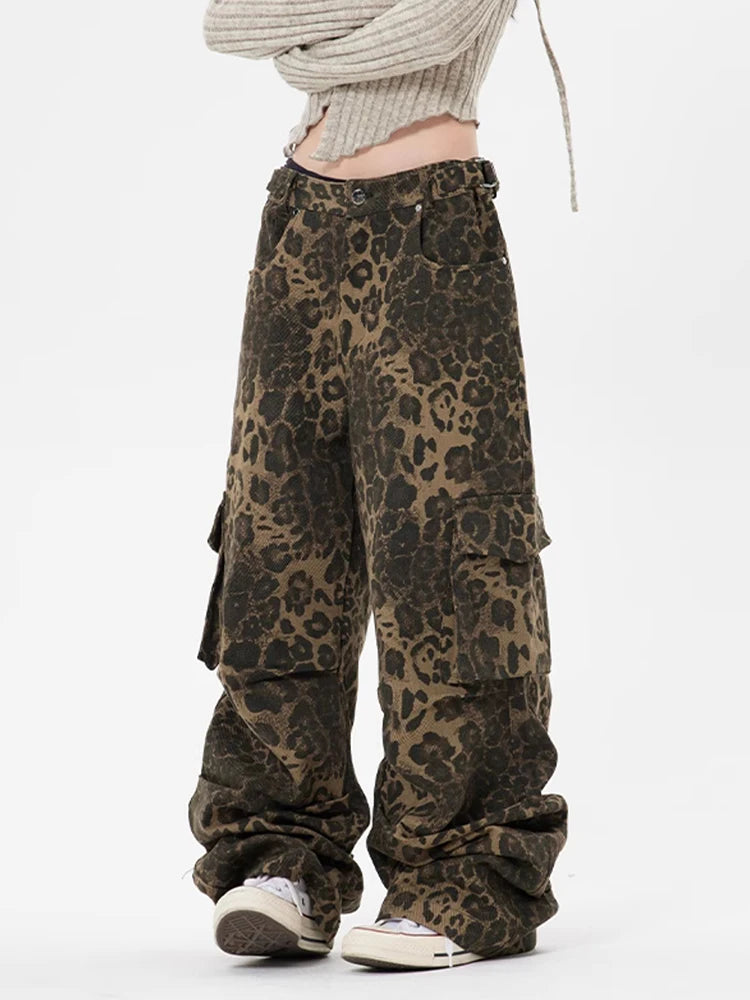 Colorblock Leopard Printing Patchwork Pockets Casual Pants For Women High Waist Loose Wide Leg Pant Female Fashion