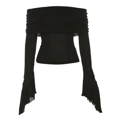 Load image into Gallery viewer, Y2k Aesthetic Women Translucence Tee Shirts Slash Neck Long Sleeve Solid Casual T-Shirts Vintage Off Shoulder Sexy Cute Tshirts
