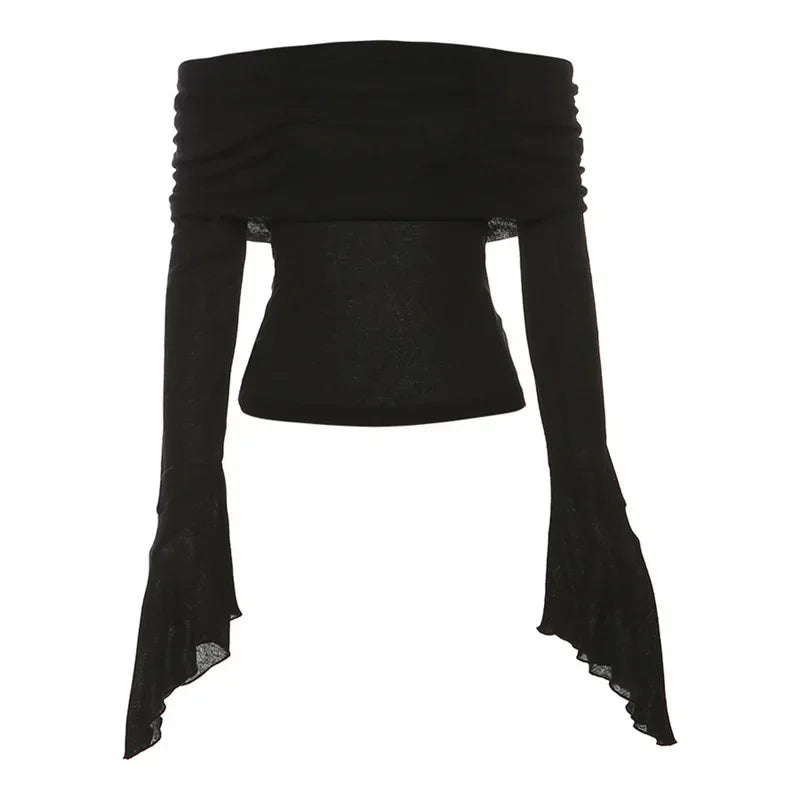 Y2k Aesthetic Women Translucence Tee Shirts Slash Neck Long Sleeve Solid Casual T-Shirts Vintage Off Shoulder Sexy Cute Tshirts