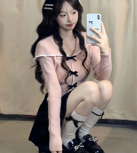 Sweet Y2k Aesthetic Sailor Collar Women's Cardigans Harajuku Slim Fit Patchwork Coats 2025 Autumn Fairy Grunge Bow Crop Tops