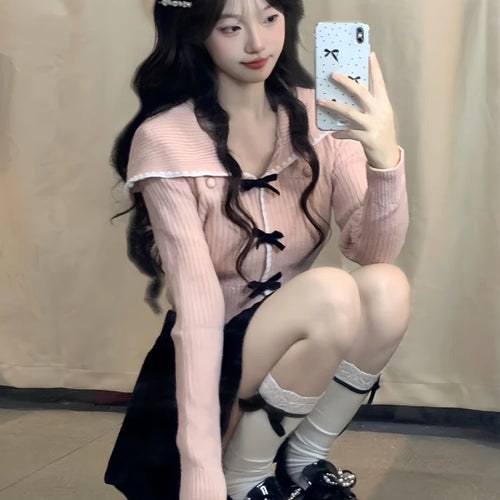 Load image into Gallery viewer, Sweet Y2k Aesthetic Sailor Collar Women's Cardigans Harajuku Slim Fit Patchwork Coats 2025 Autumn Fairy Grunge Bow Crop Tops
