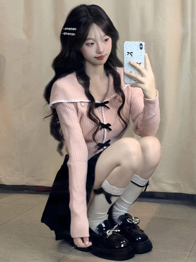 Sweet Y2k Aesthetic Sailor Collar Women's Cardigans Harajuku Slim Fit Patchwork Coats 2025 Autumn Fairy Grunge Bow Crop Tops