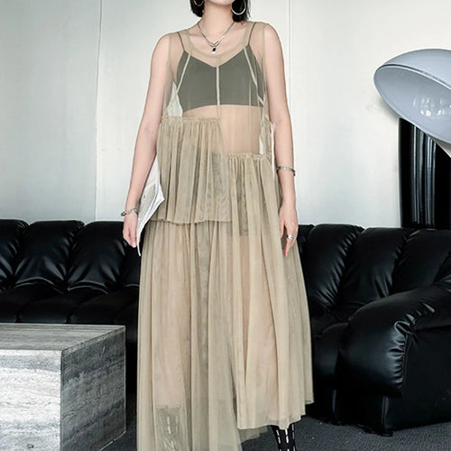 Load image into Gallery viewer, Women Black Khaki Mesh Perspctive Big Size Long Dress New Round Neck Sleeveless Fashion Tide Spring Autumn 2025  1DJ1064
