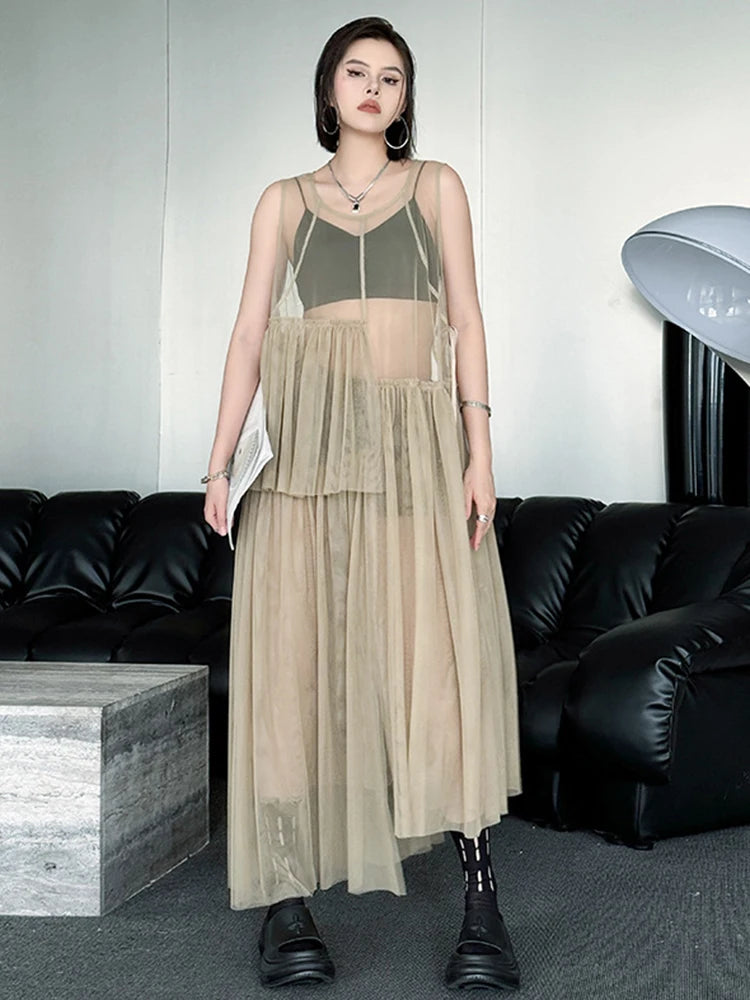 Women Black Khaki Mesh Perspctive Big Size Long Dress New Round Neck Sleeveless Fashion Tide Spring Autumn 2025  1DJ1064