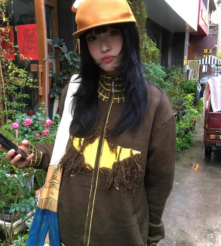 Y2k Aesthetic Vintage Knitted Plaid Cardigans Star Jacquard Tassel Zipper Sweater Coats Loose Women Grunge Harajuku Ins Knitwear