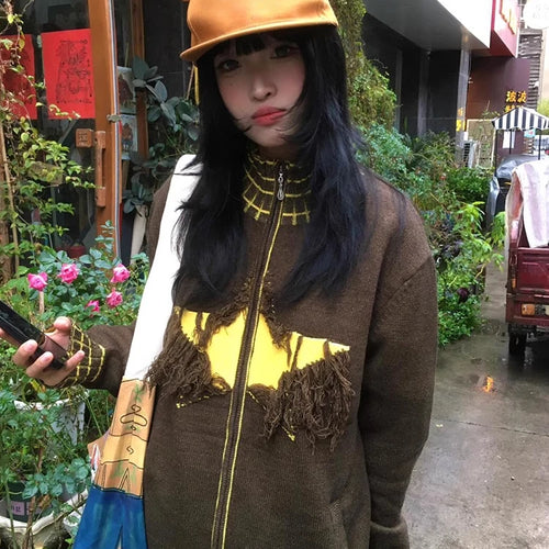 Load image into Gallery viewer, Y2k Aesthetic Vintage Knitted Plaid Cardigans Star Jacquard Tassel Zipper Sweater Coats Loose Women Grunge Harajuku Ins Knitwear
