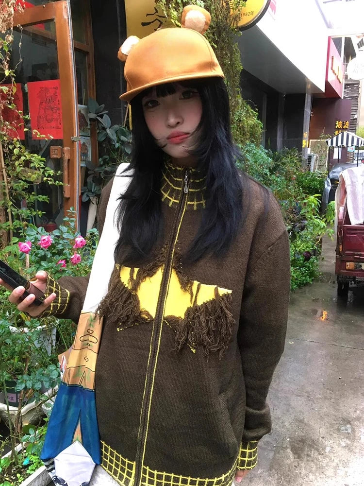 Y2k Aesthetic Vintage Knitted Plaid Cardigans Star Jacquard Tassel Zipper Sweater Coats Loose Women Grunge Harajuku Ins Knitwear