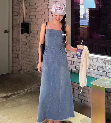 Vintage Sleeveless Backless Denim Long Dress Women Hot Summer High Waist Sexy Ladies Dresses Party Club Trendy Womens Clothes