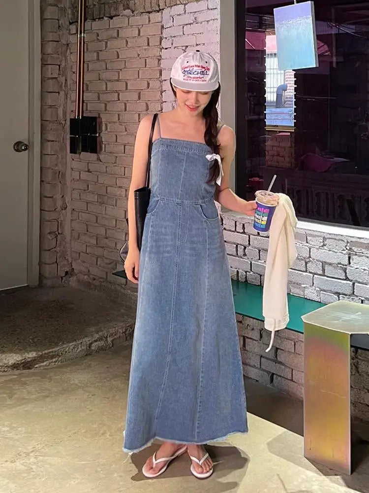 Vintage Sleeveless Backless Denim Long Dress Women Hot Summer High Waist Sexy Ladies Dresses Party Club Trendy Womens Clothes