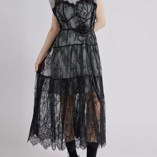 Load image into Gallery viewer, Women Gray Lace Perspective Big Size Midi Dress New Round Neck Short Sleeve Fashion Tide Spring Summer 2025 1DJ1429
