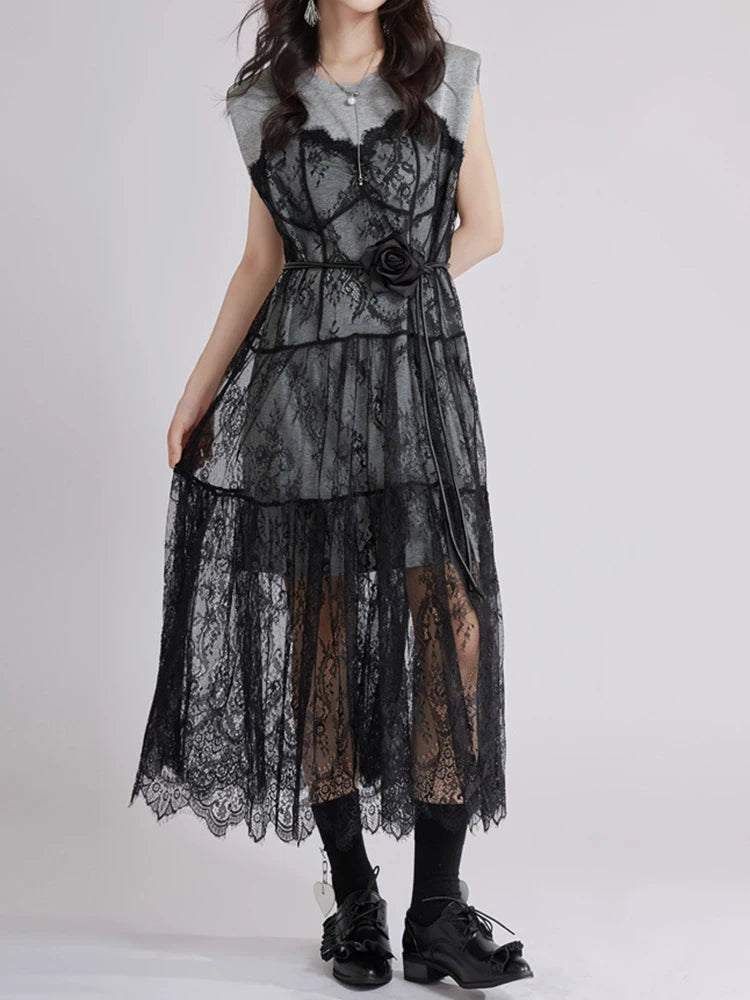 Women Gray Lace Perspective Big Size Midi Dress New Round Neck Short Sleeve Fashion Tide Spring Summer 2025 1DJ1429