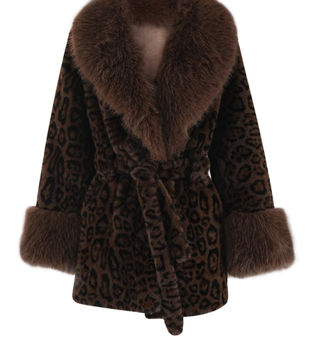 Brown Leopard Big Size Warm Faux Fur Jacket New Lapel Long Sleeve Women Coat Fashion Tide Autumn Winter 2025 CPG2453