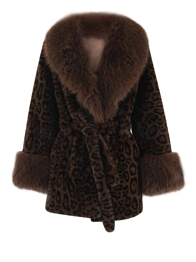 Brown Leopard Big Size Warm Faux Fur Jacket New Lapel Long Sleeve Women Coat Fashion Tide Autumn Winter 2025 CPG2453