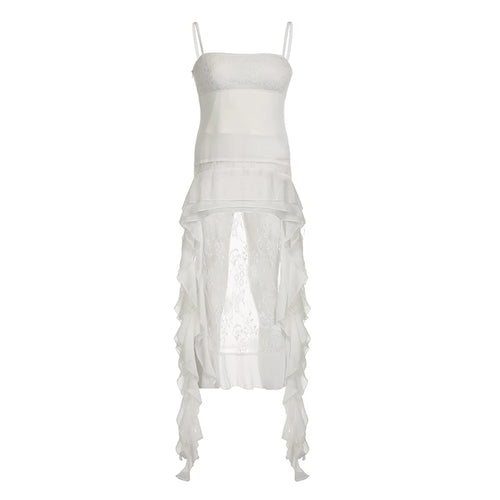 Load image into Gallery viewer, Streetwear Design White Chiffon Top Lace Patchwork Ruffles Summer Two Pieces Set Women Camisole Fringe Party Outfits
