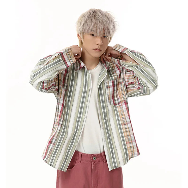 Men's Shirts New Spring Multi Color Striped Plaid Shirt Long Sleeve Turn-down Collar Male Clothing Stylish Men Top 9W1684