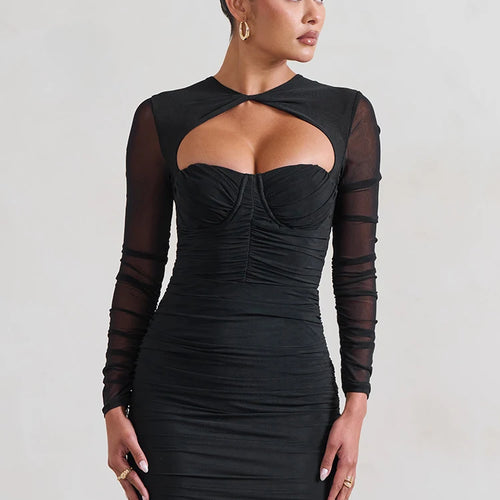 Load image into Gallery viewer, Mesh Hollow Out Pleated Dress Women's Wrap Hip Sexy Elastic Tight-Fitting Party Prom Backless Mini Dress 2023 Summer New
