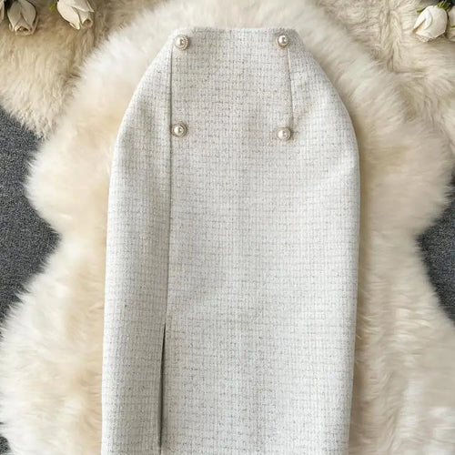 Load image into Gallery viewer, Autumn Winter Black Pearl Woolen Pencil Skirts Women White Office Elegant Midi Thick Warm Skirt New Wrap Hip Split Skirt Ladies
