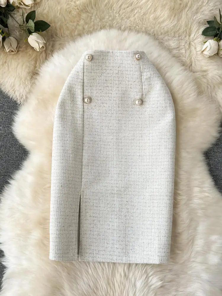 Autumn Winter Black Pearl Woolen Pencil Skirts Women White Office Elegant Midi Thick Warm Skirt New Wrap Hip Split Skirt Ladies